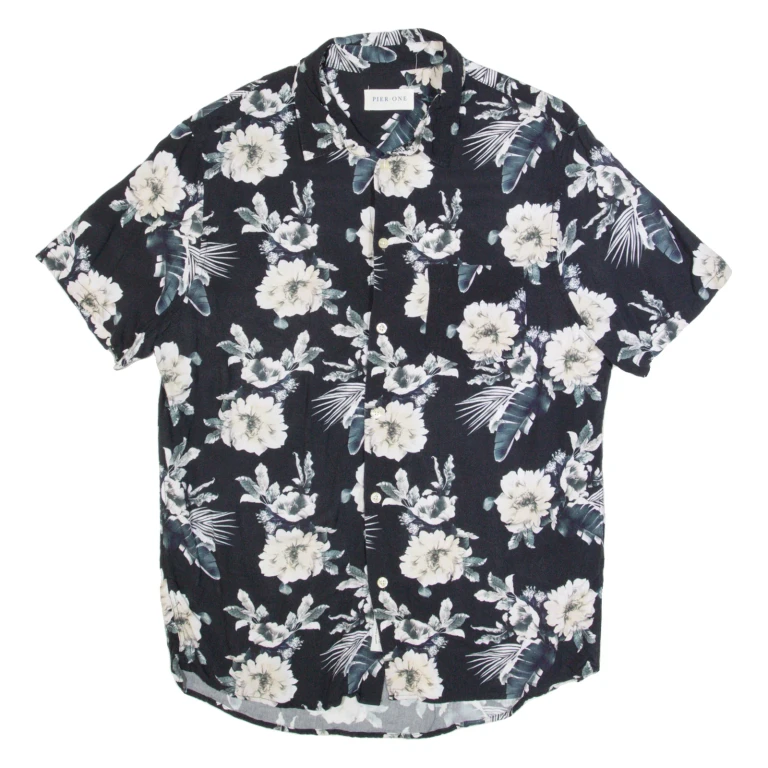 PIER ONE Mens Hawaiian Shirt Black Floral M