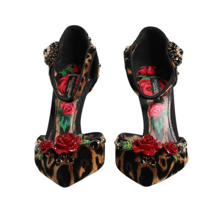 Dolce & Gabbana Brown Leopard Crystal Roses Pumps Shoes Cotton Viscose - Women