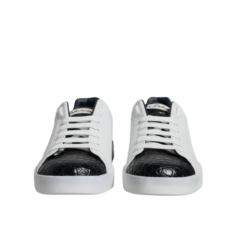 Dolce & Gabbana White Leather Logo Portofino Sneaker Shoes Black And Calfskin Croc - Men
