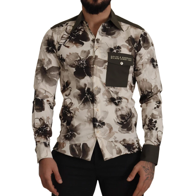Dolce & Gabbana Green Beige Floral Cotton Stretch Exclusive Shirt - Men