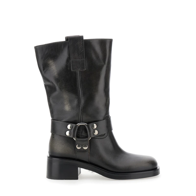 Black Ankle Boots With Studs And Ring In Leather Woman - Women