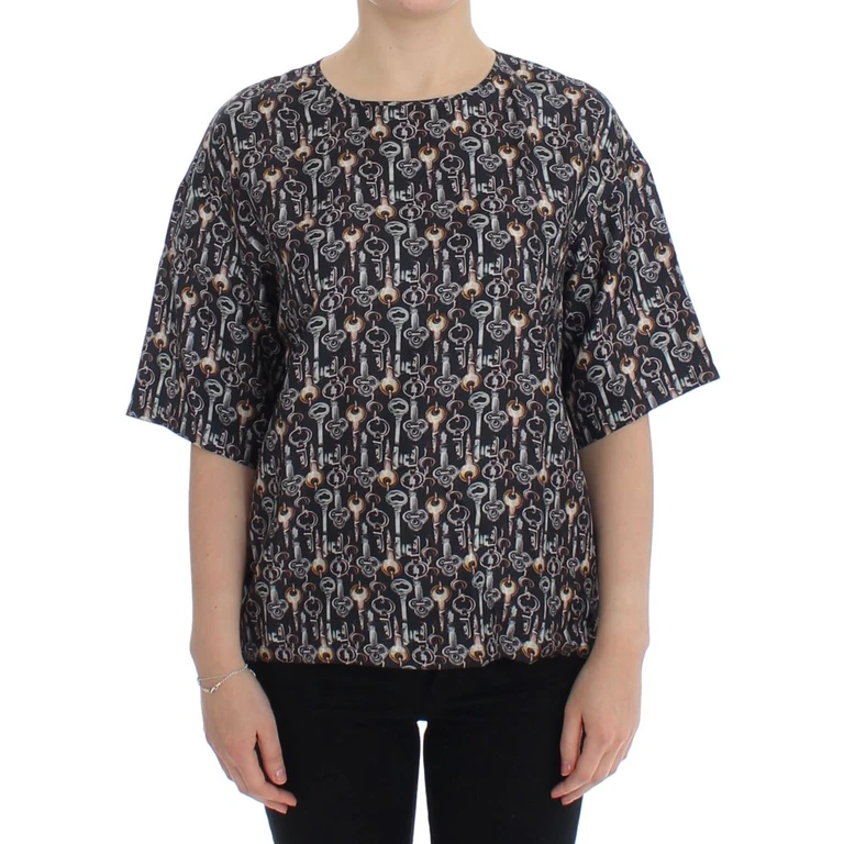 Gray Gold Key Print Silk Blouse T-Shirt - Women