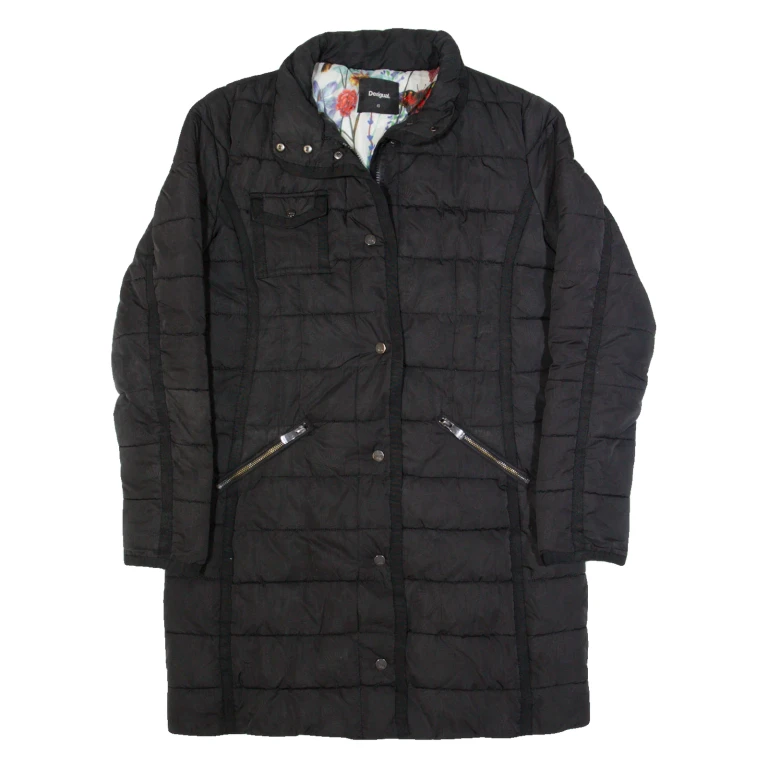 DESIGUAL Womens Puffer Coat Black Floral M