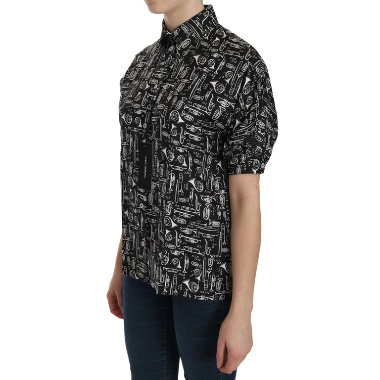 Dolce & Gabbana Black Musical Instrument Collared Blouse Shirt Silk - Women