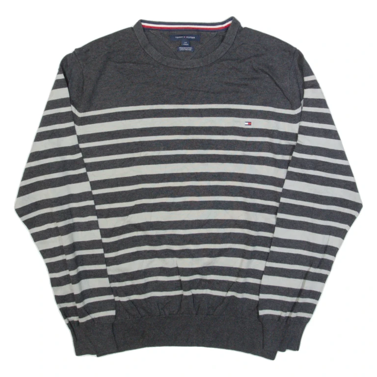 TOMMY HILFIGER Mens Patterned Jumper Grey Striped Tight Knit L