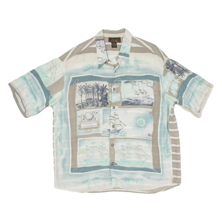 SANGI Mens Hawaiian Shirt Blue Crazy Pattern L