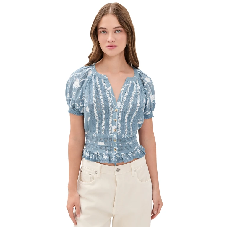 ALICE + OLIVIA Kathryn Embroidered Blouse Deep Denim Blue/Vanilla S