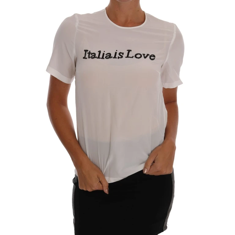 Dolce & Gabbana White Silk Italia Is Love Blouse T-Shirt - Women