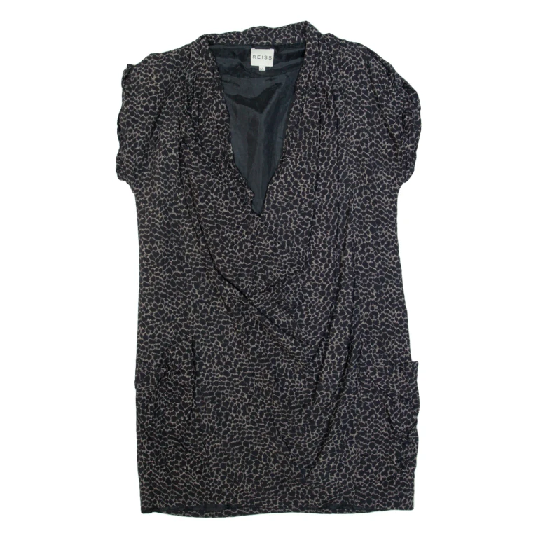 REISS Love Womens Shift Dress Black Animal Print Short Sleeve Knee Length UK 8