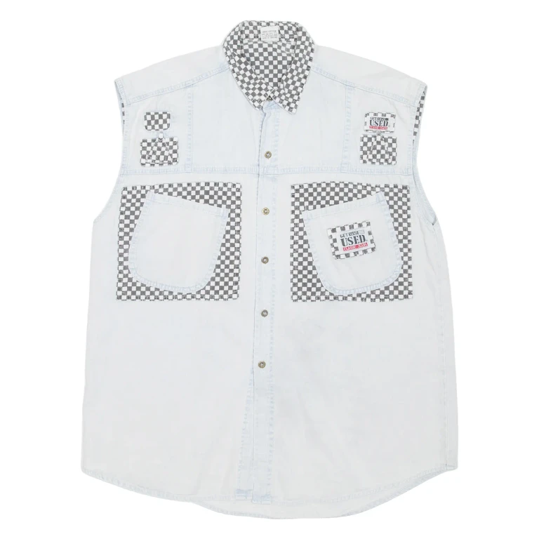 GET NAME USED Mens Denim Shirt Blue Check Sleeveless L