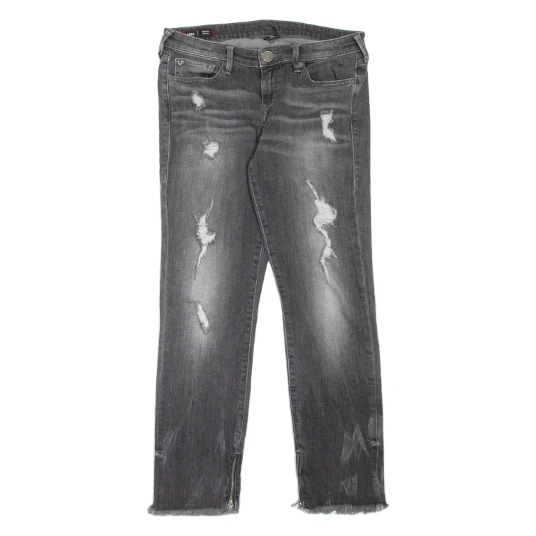 TRUE RELIGION Sara Cigarette Distressed Womens Jeans Grey Slim Straight W28 L27