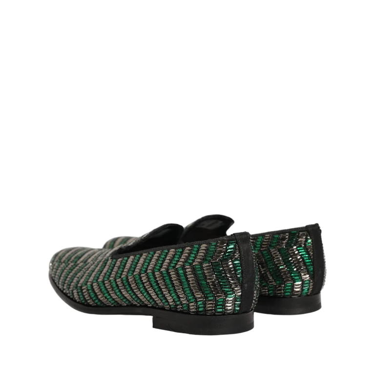 Dolce & Gabbana Silver Green Embellished Dress Loafers Shoes Leather - Men