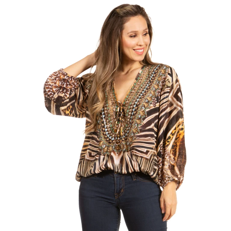 Women's Boho Floral Tunic Top with V-Neck and Elastic Sleeves by Sakkas Sante