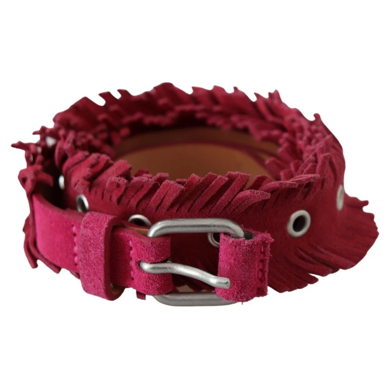 Maroon Leather Fringes Silver Buckle Waist Belt Marrone - Women