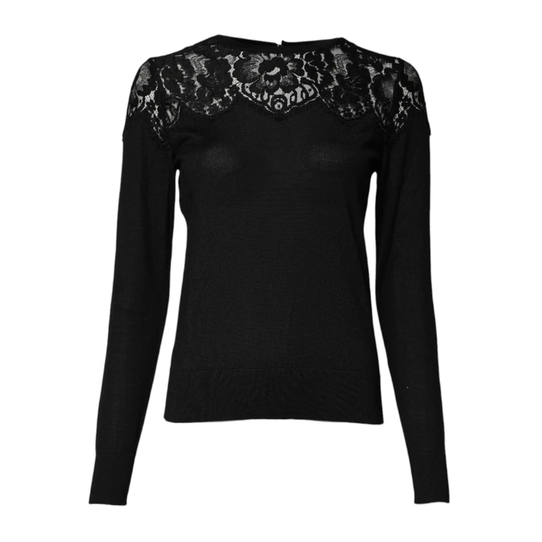 Black Floral Lace Long Sleeves Blouse Top Cashmere Silk Cotton Nylon - Women