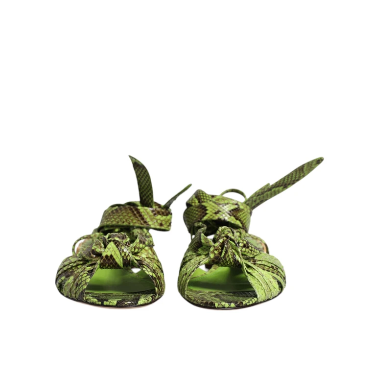Green Animal Print Ankle Wrap Sandals Shoes Leather - Women