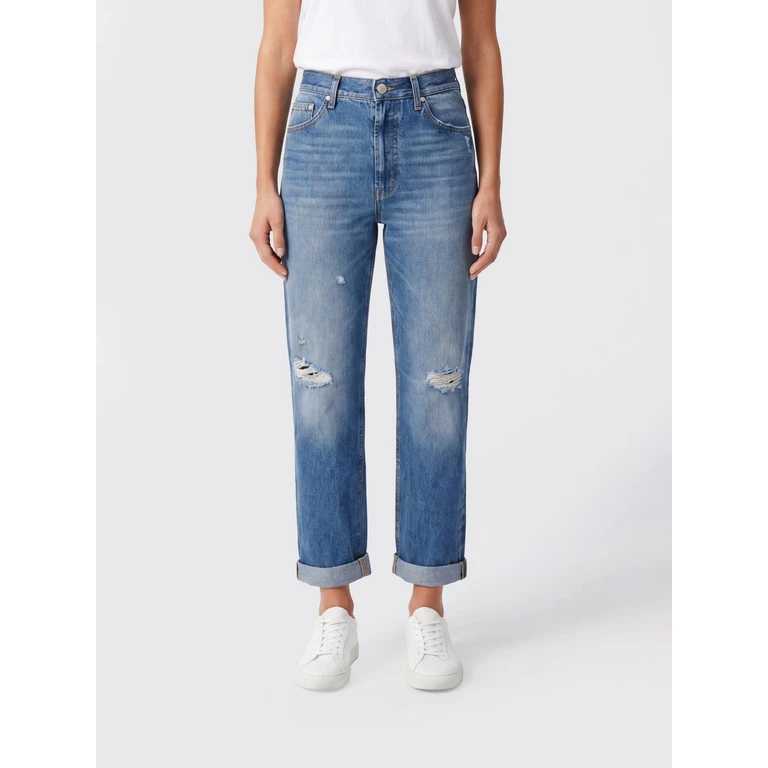 DONDUP Mid-Rise Straight Jeans in Distressed Denim with Turn-Up Hems (DP776DFE286DLZ9800)