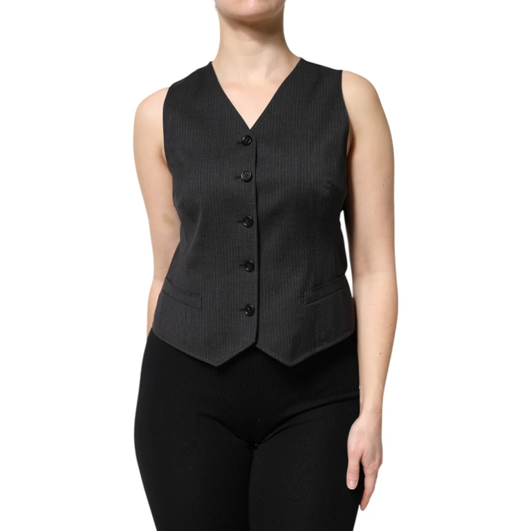Dolce & Gabbana Black Striped Button Down Sleeveless Vest Top Viscose Virgin Wool Elastane - Women