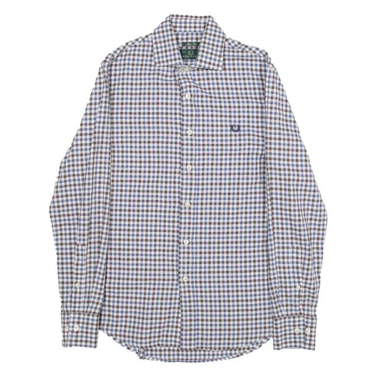 FRED PERRY Slim Fit Mens Shirt Brown Check Long Sleeve S