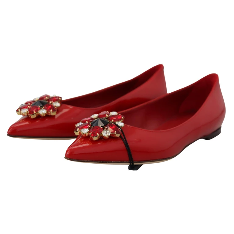 Dolce & Gabbana Red Leather Crystals Loafers Flats Shoes - Women