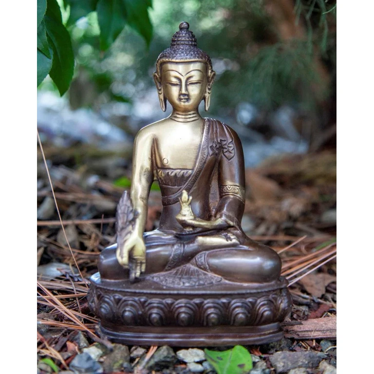 Medicine Brass Buddha Sitting On Lotus in Meditation Pose