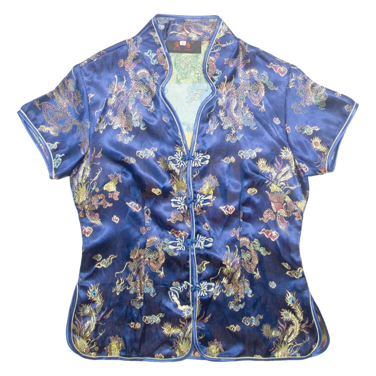 XUAN TANG Womens Printed Top Blue V-Neck Crazy Pattern M
