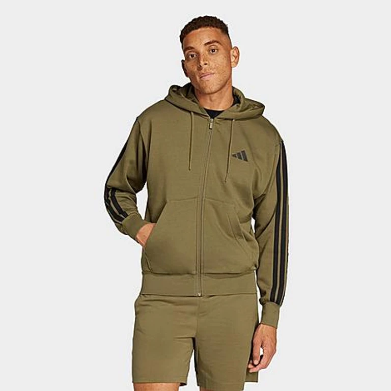 adidas Men's Essentials 3-Stripes Fleece Full-Zip Hoodie in Olive Strata/Black Size: XS