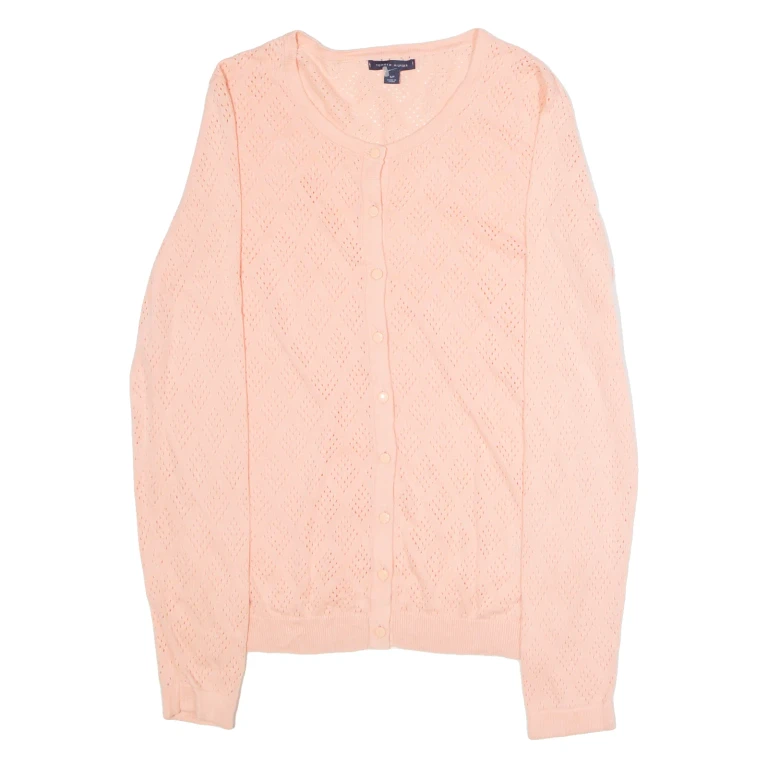 TOMMY HILFIGER Womens Patterned Cardigan Pink Diamond Crew Neck Tight Knit S