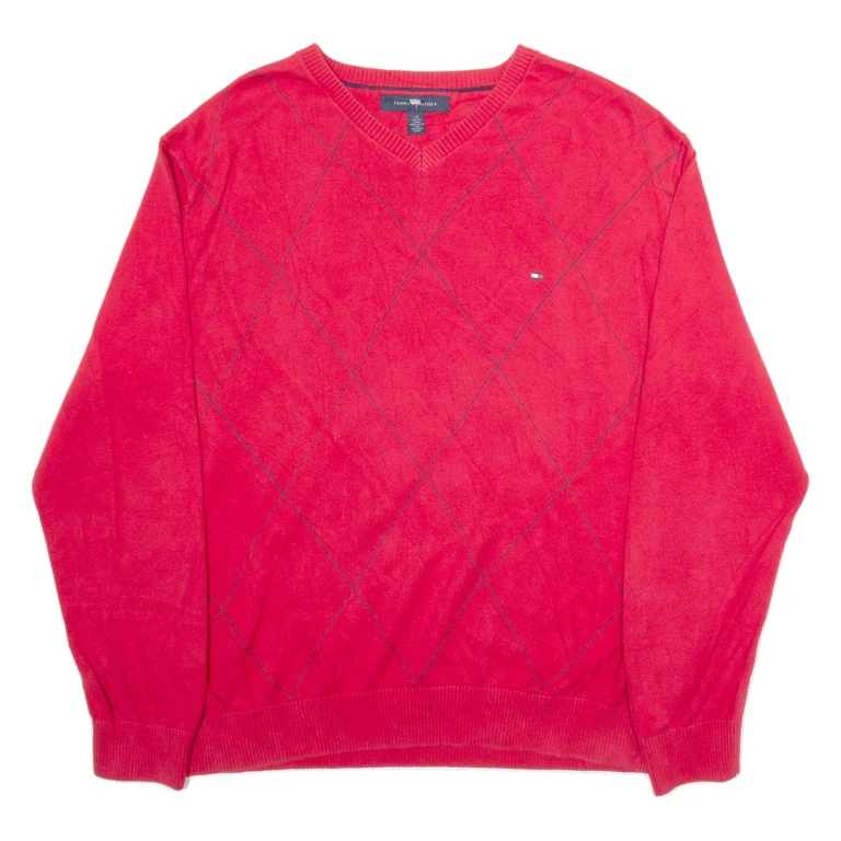 TOMMY HILFIGER Mens Patterned Jumper Red Argyle V-Neck Tight Knit L