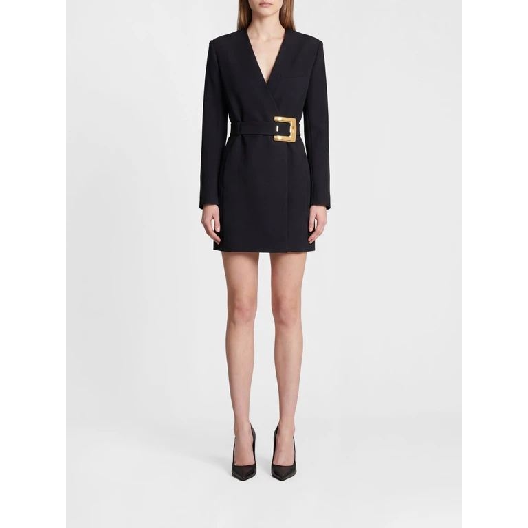 Merino Wool Wrap Mini Blazer Dress with Padded Shoulders (HF1R9462WC090PA)