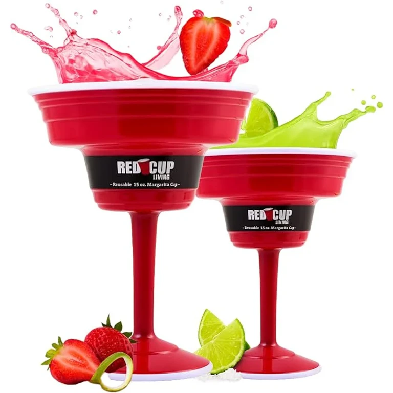 Reusable Red Plastic Margarita Glasses with Stem, 15 Oz, Unique Heavy-Duty Drinking Glasses for Parties, Durable Champagne Flutes, Sturdy Stem Glass, Elegantes Copas De Vino, Pack of 2