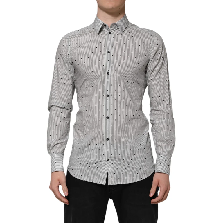 Dolce & Gabbana Gray Dotted Semi Fitted Gold Men Formal Shirt Cotton - Men