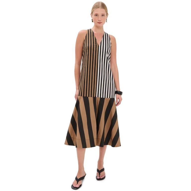 SIMONMILLER Celeste Poplin Dress Black/Tan Stripe Combo M