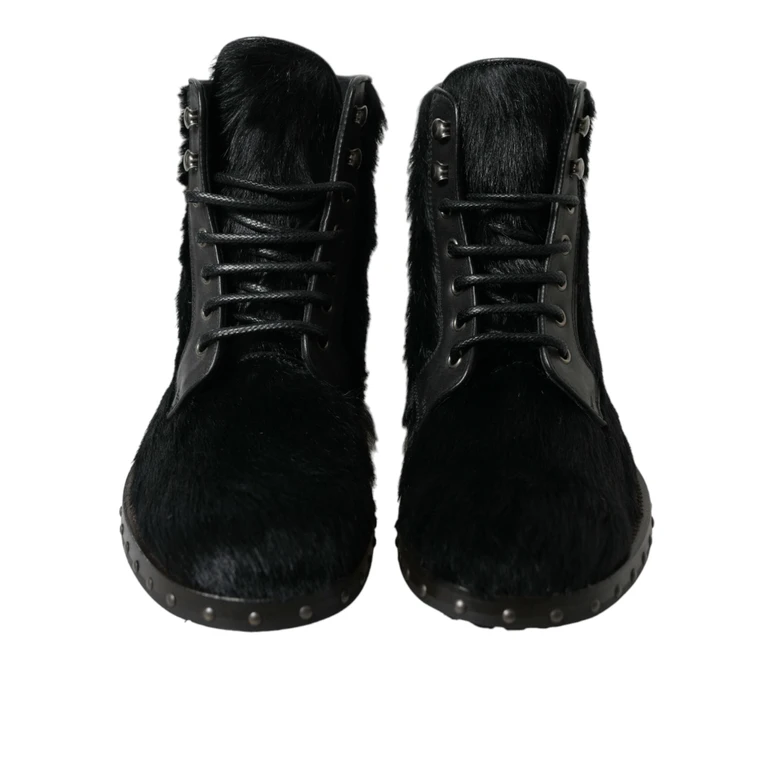 Dolce & Gabbana Black Pony Style Leather Mid Calf Boots Shoes - Men
