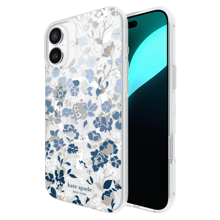 new york iPhone 16 Plus Case - Compatible with MagSafe - Designer Phone Case - Flowerbed Blue Gems