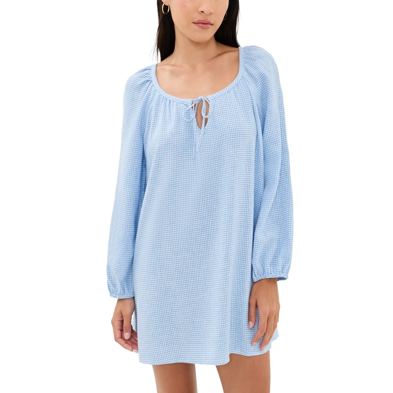 Eberjey Linen Blend Short Dress Gingham White/Summer Blue M