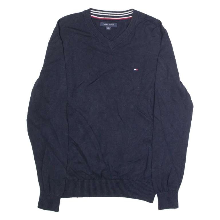 TOMMY HILFIGER Mens Jumper Blue V-Neck Tight Knit L