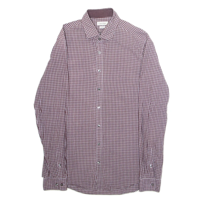 CALVIN KLEIN Slim Fit Mens Shirt Maroon Gingham Long Sleeve M