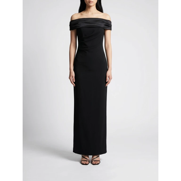 Adele Off-The-Shoulder Draped Satin Long Evening Gown (OS48023BLACK)