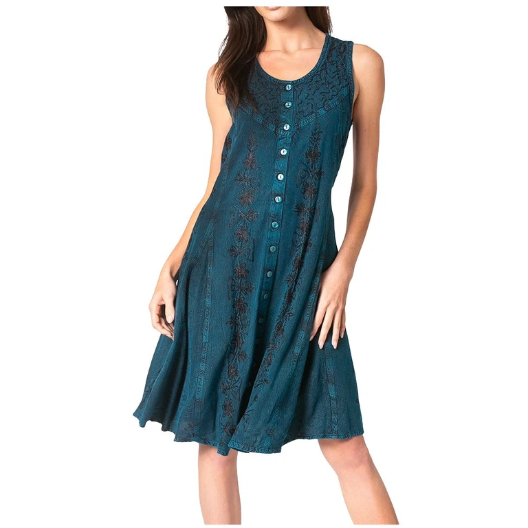 Sakkas Maya Midi Floral Embroidered Sleeveless Button Up Rayon Dress