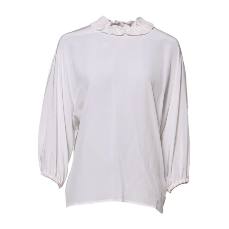 White Ruffled Neckline Blouse Pullover Top Silk - Women