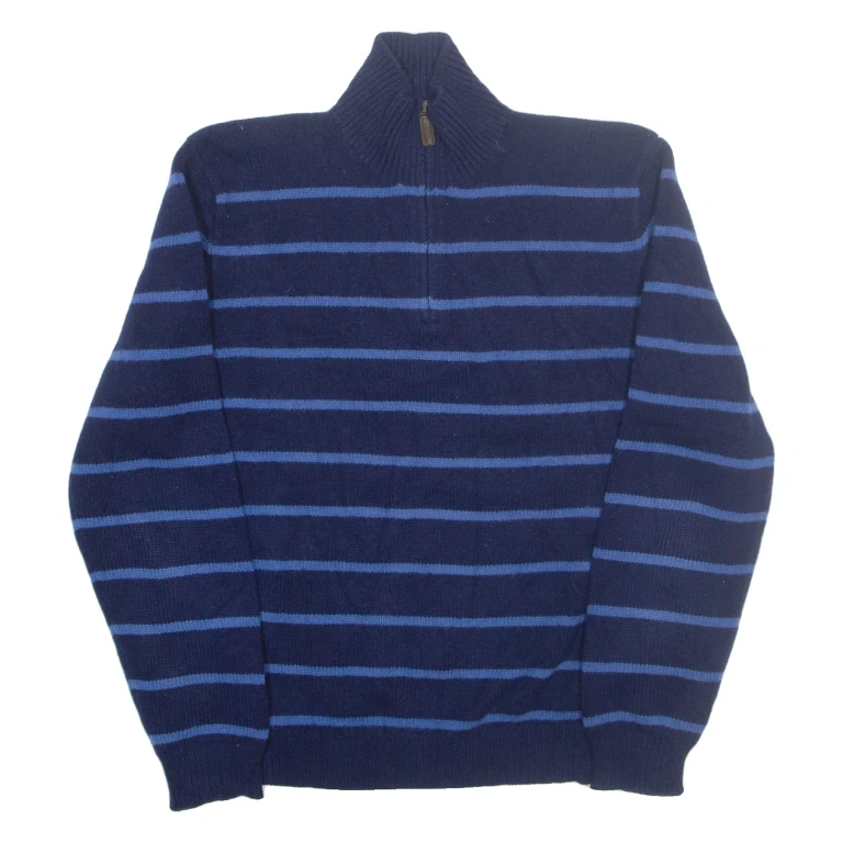 POLO RALPH LAUREN Mens Patterned Jumper Blue Striped 1/4 Zip Tight Knit Wool L