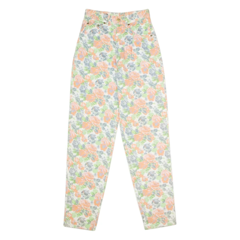 FASHION UP Floral High Waisted Womens Twill Trousers White Tapered W26 L30