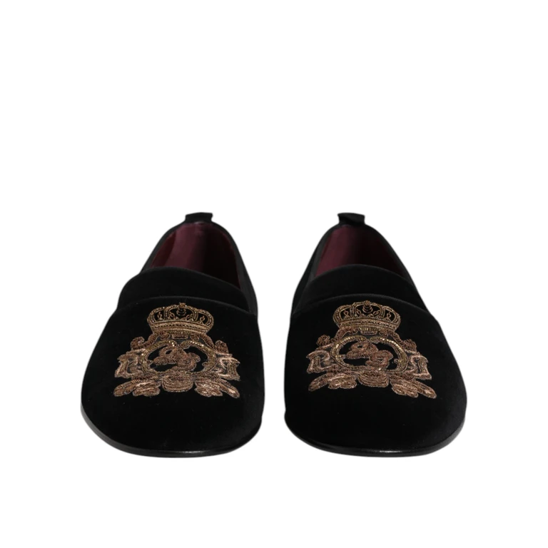 Black Velvet Gold Crown Mens Loafers Shoes Cotton - Men