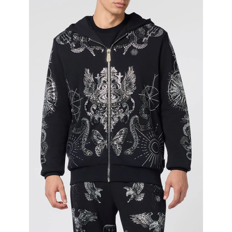 Zipped Cotton Hoodie with Skull Print and Rhinestones (SAFCMJB3939PTE180N02)