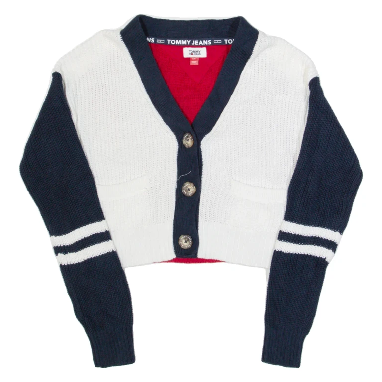TOMMY JEANS Cropped Womens Patterned Cardigan White V-Neck Tight Knit S