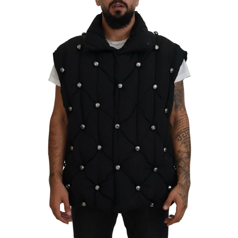 Black Sleeveless Dg Metal Embellishment Jacket Polyamide Clothing - Men