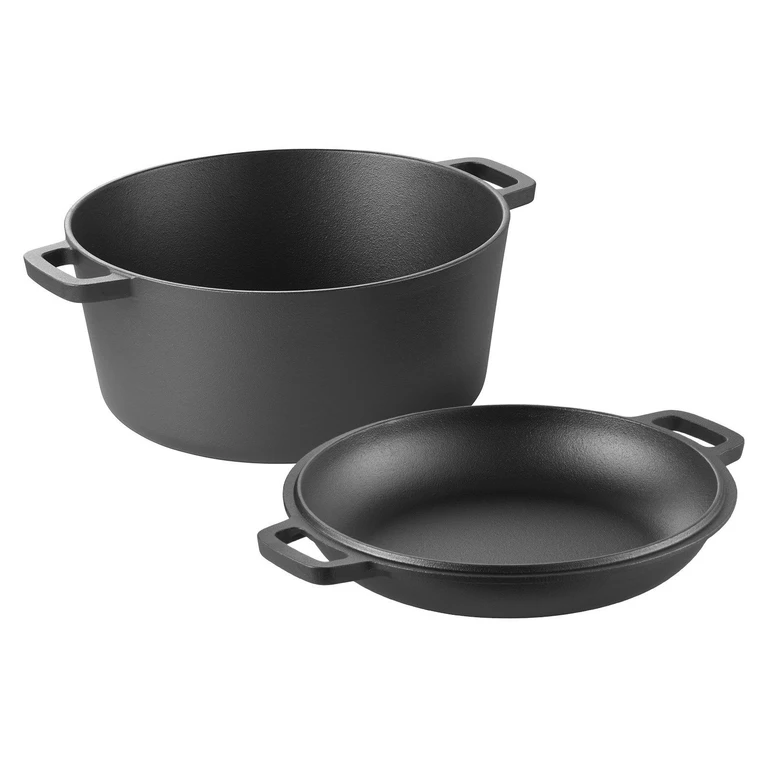 Cast Iron Dutch Oven, 2-in-1 Pre-Seasoned Pot with Skillet Lid, 5QT Cookware Pan with Proofing Basket, Bread Baking Accessories, Bread-Oven Compatible 500¬∞F - Black
