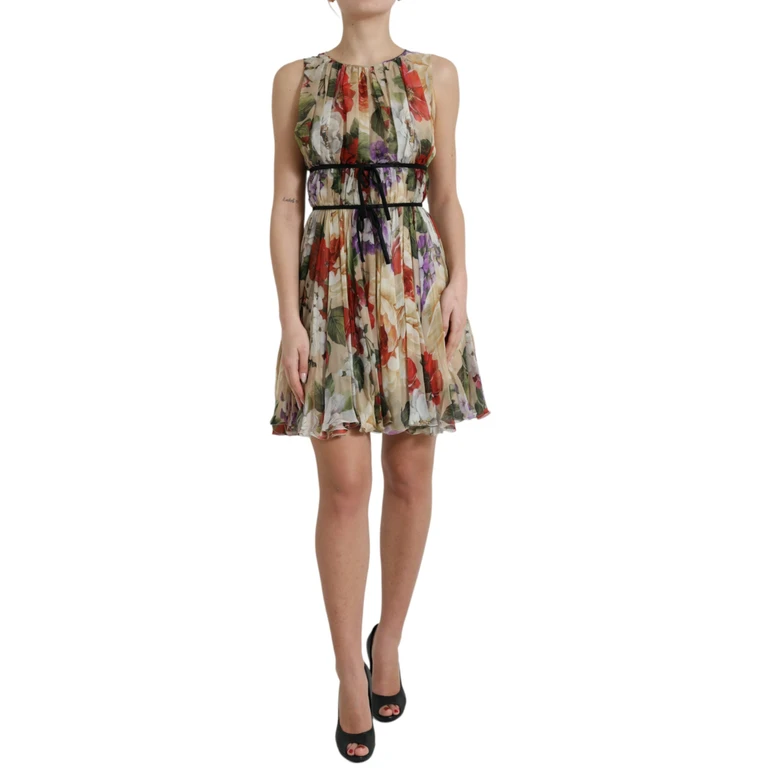 Beige Floral Sleeveless A-Line Mini Dress Pattern Silk - Women
