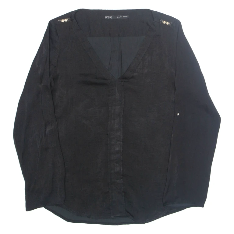 ZARA Womens Blouse Black V-Neck Long Sleeve S